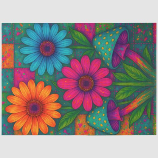 Psychedelische Bloemen & Paddenstoelen Decoupage Tissuepapier (Voorkant)