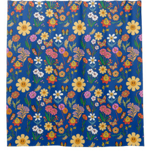 Psychedelische Bloemen Patroon x4 Blauw BG Douchegordijn