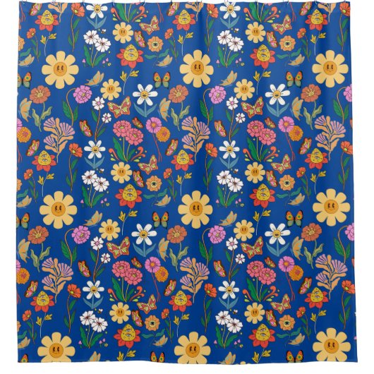 Psychedelische Bloemen Patroon x4 Blauw BG Douchegordijn (Voorkant)
