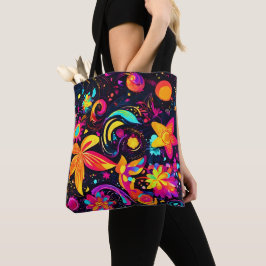 Psychedelische bloemenkosmos tote bag