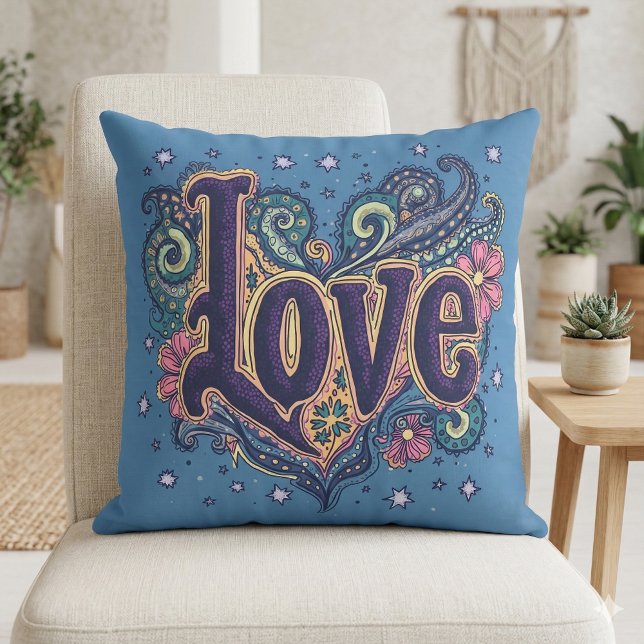 Psychedelische Boho Liefdeslettering met Bloemen Kussen (Psychedelic Boho Love Lettering with Floral Throw Pillow Mockup A)