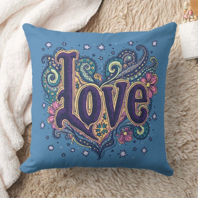 Psychedelische Boho Love Lettering met Bloemen Acc Kussen (Deken)