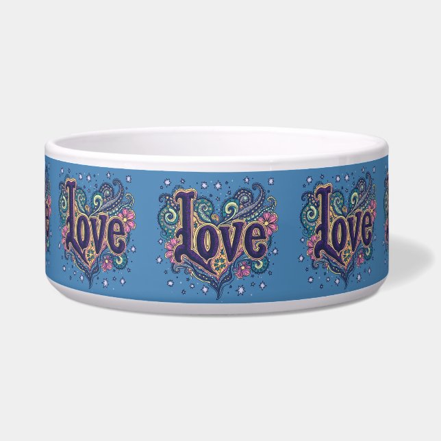 Psychedelische Boho Love Lettering met Bloemen Acc Voerbakje (Voorkant)
