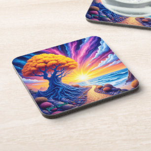 Psychedelische Boom Zonsondergang Surrealistisch L Bier Onderzetter