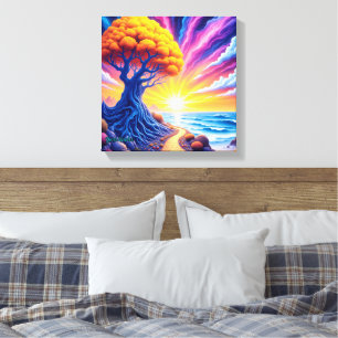 Psychedelische Boom Zonsondergang Surrealistisch L Canvas Afdruk