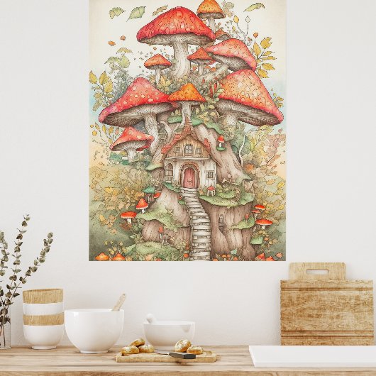 Psychedelische  Bospaddenstoelenwoning Poster (Keuken)