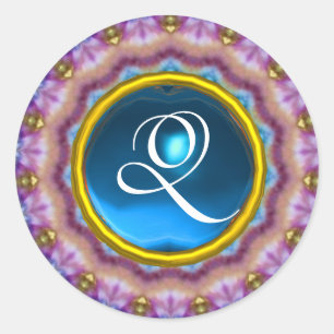 PSYCHEDELISCHE CIRKELS MONOGRAM blauw turquoise ro Ronde Sticker