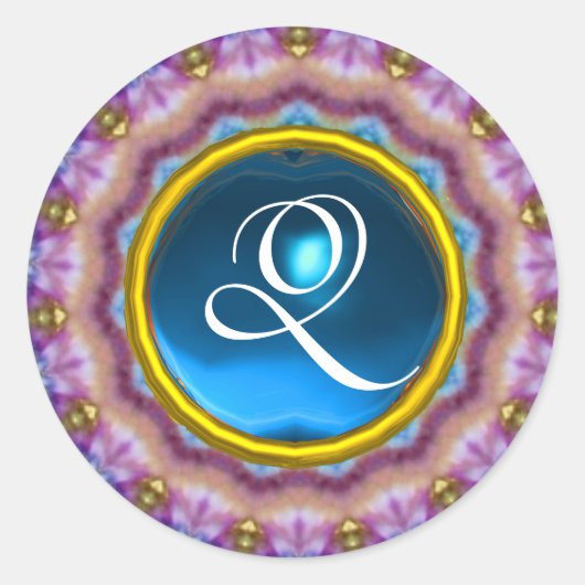 PSYCHEDELISCHE CIRKELS MONOGRAM blauw turquoise ro Ronde Sticker (Voorkant)