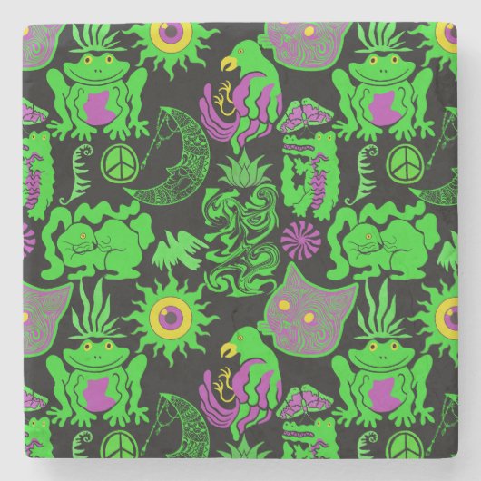 Psychedelische dieren patroon Zwart BG Stenen Onderzetter (Voorkant)