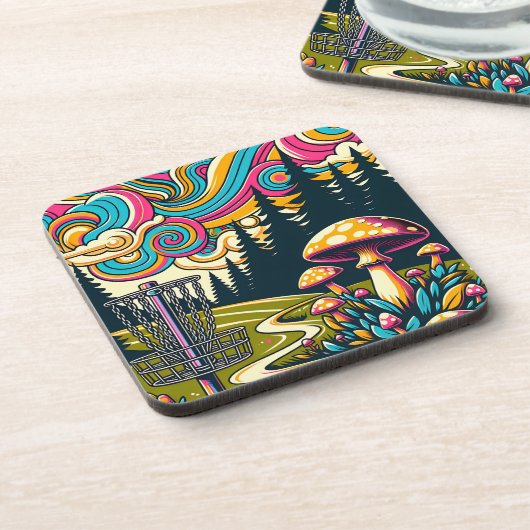 Psychedelische Disc Golf Basket en Retro Paddestoe Bier Onderzetter (Linkerzijde)
