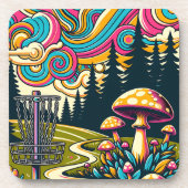 Psychedelische Disc Golf Basket en Retro Paddestoe Bier Onderzetter (Voorkant)