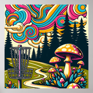 Psychedelische Disc Golf Basket en Retro Paddestoe Poster