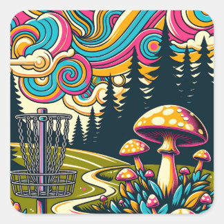 Psychedelische Disc Golf Basket en Retro Paddestoe Vierkante Sticker