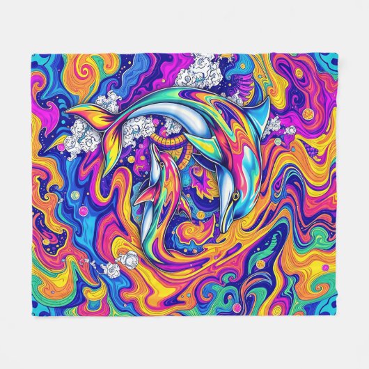 Psychedelische dolfijnen in levendige oceaanwervel fleece deken (Voorkant (Horizontaal))