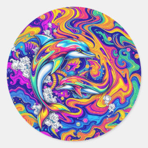 Psychedelische dolfijnen in levendige oceaanwervel ronde sticker