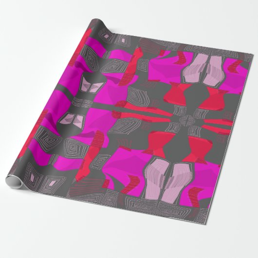 Psychedelische Egyptische collage: Fuchsia rood gr Cadeaupapier (Uitgerold)