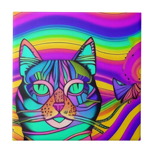 Psychedelische ernstige kattenkleurige paarse fusc tegeltje (Voorkant)