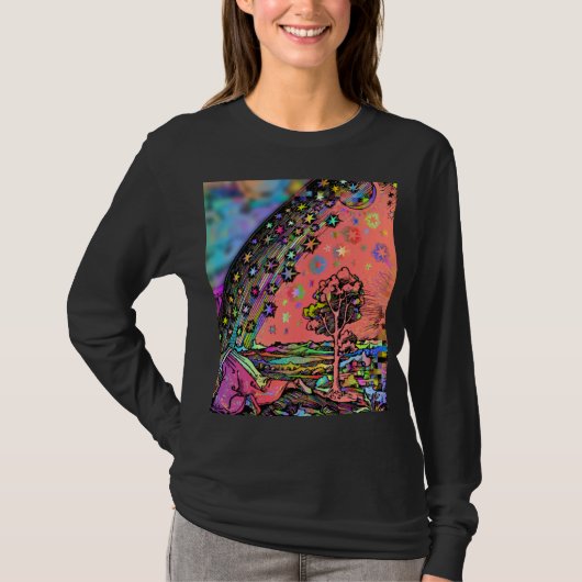 Psychedelische Flammarion Gravure Trippy Regenboog T-shirt (Voorkant)