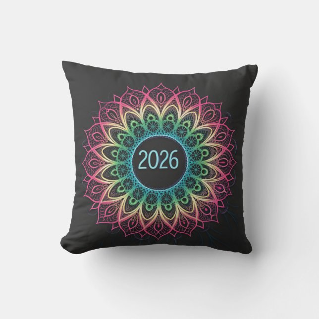 Psychedelische Fractal Mandala 2026 Design met Neo Kussen (Voorkant)