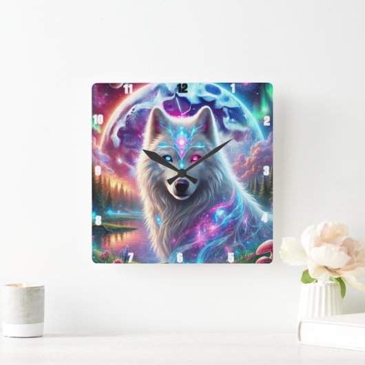 Psychedelische galaxy wolf vierkante klok (Huis)