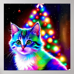Psychedelische grillige kerst kitten wachten poster