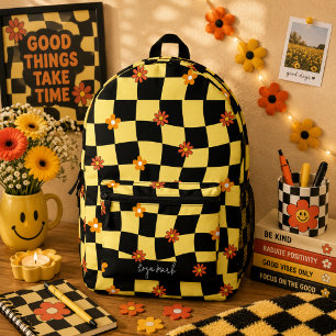 Psychedelische Groovy Bloem Checkerboard, Y2K 90s Bedrukte Rugzak