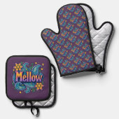Psychedelische Groovy "Mellow" Retro Hippie Art Ovenwant & Pannenlap Set (Voorkant / Achterkant)