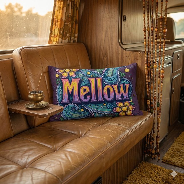 Psychedelische Groovy "Mellow" Retro Hippie Kunst Kussen (Psychedelic Groovy Mellow Retro Hippie Art Lumbar Pillow Mockup D)