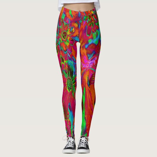 Psychedelische Groovy Rode en Groene Wilde Bloemen Leggings (Voorkant)