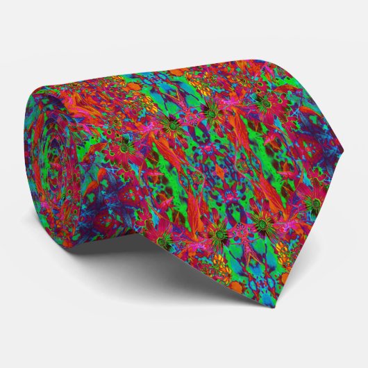 Psychedelische Groovy Rode en Groene Wilde Bloemen Stropdas (Opgerold)