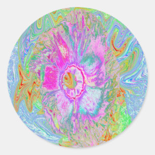 Psychedelische hete roze en ultra-violette hibiscu ronde sticker