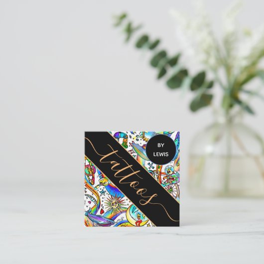 Psychedelische Illustratie Tattoo Artiest Creatief Vierkante Visitekaartje (Staand voorkant)