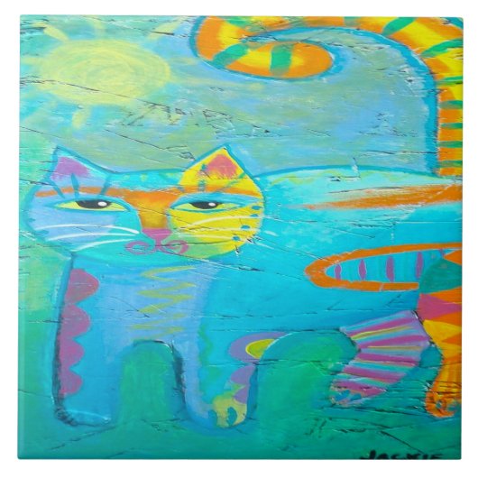 Psychedelische Kat Abstracte kat schilderen Tegeltje (Voorkant)