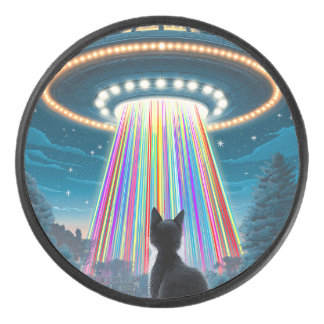 Psychedelische kat en ufo | Grappige buitenaardse Hockey Puck