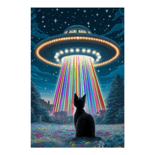 Psychedelische kat en ufo | Grappige buitenaardse Perfect Poster (Voorkant)