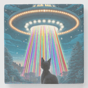 Psychedelische kat en ufo   Grappige buitenaardse  Stenen Onderzetter