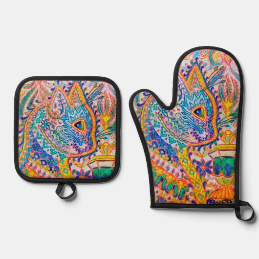 Psychedelische Kat, Louis Wain Ovenwant & Pannenlap Set (Voorkant)