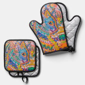 Psychedelische Kat, Louis Wain Ovenwant & Pannenlap Set (Voorkant / Achterkant)