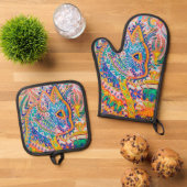 Psychedelische Kat, Louis Wain Ovenwant & Pannenlap Set (Top down)