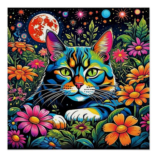 Psychedelische kat tussen bloemen perfect poster (Voorkant)