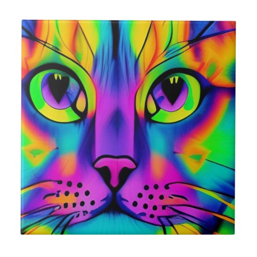 Psychedelische kattenkleurige paarse fuschia groen tegeltje (Voorkant)