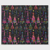 Psychedelische kerstbomen op zwart cadeaupapier (Vlak)