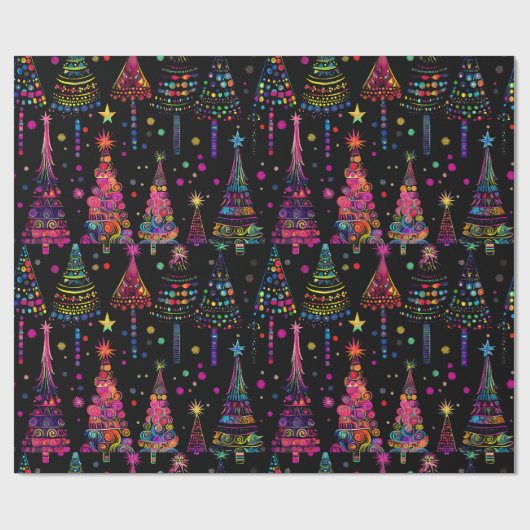Psychedelische kerstbomen op zwart cadeaupapier (Vlak)