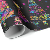 Psychedelische kerstbomen op zwart cadeaupapier (Rol Hoek)
