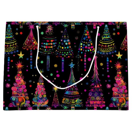 Psychedelische kerstbomen op zwart groot cadeauzakje (Voorkant)