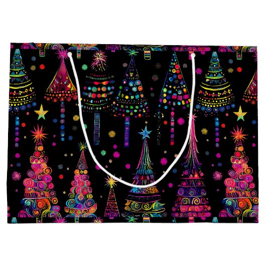 Psychedelische kerstbomen op zwart groot cadeauzakje (Achterkant)