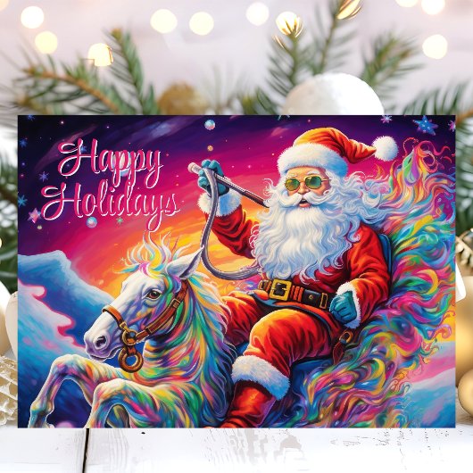 Psychedelische Kerstman op Rainbow Horse Feestdagen Kaart