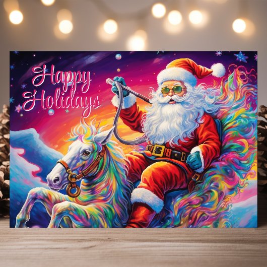 Psychedelische Kerstman op Rainbow Horse Feestdagen Kaart