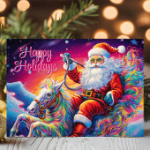 Psychedelische Kerstman op Rainbow Horse Feestdagen Kaart