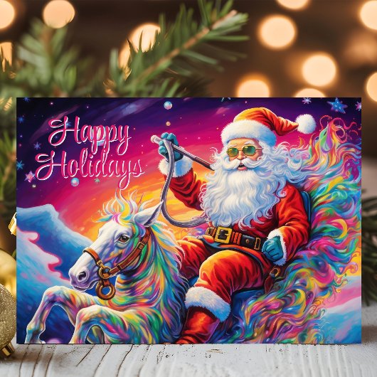 Psychedelische Kerstman op Rainbow Horse Feestdagen Kaart